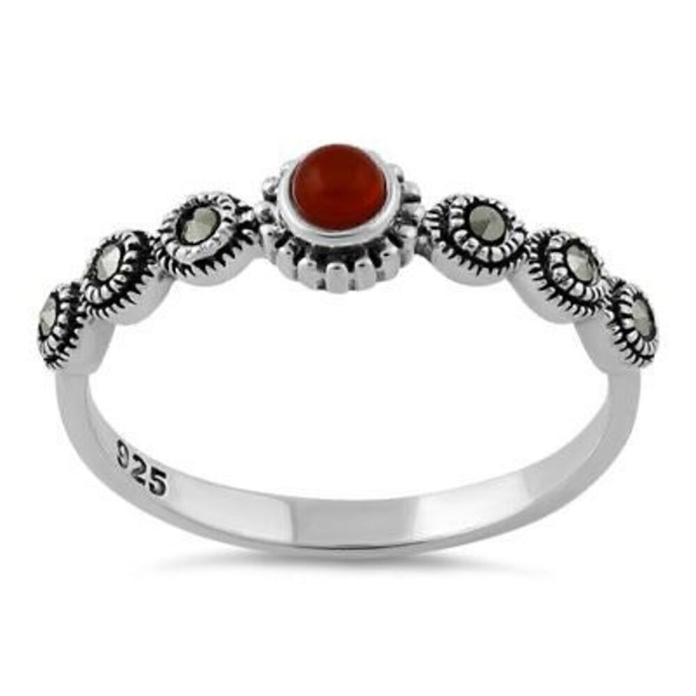 New Sterling Silver Small Round Red Marcasite Ring